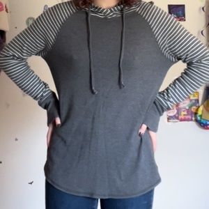 grey Eddie Bauer hoodie with striped sleeves